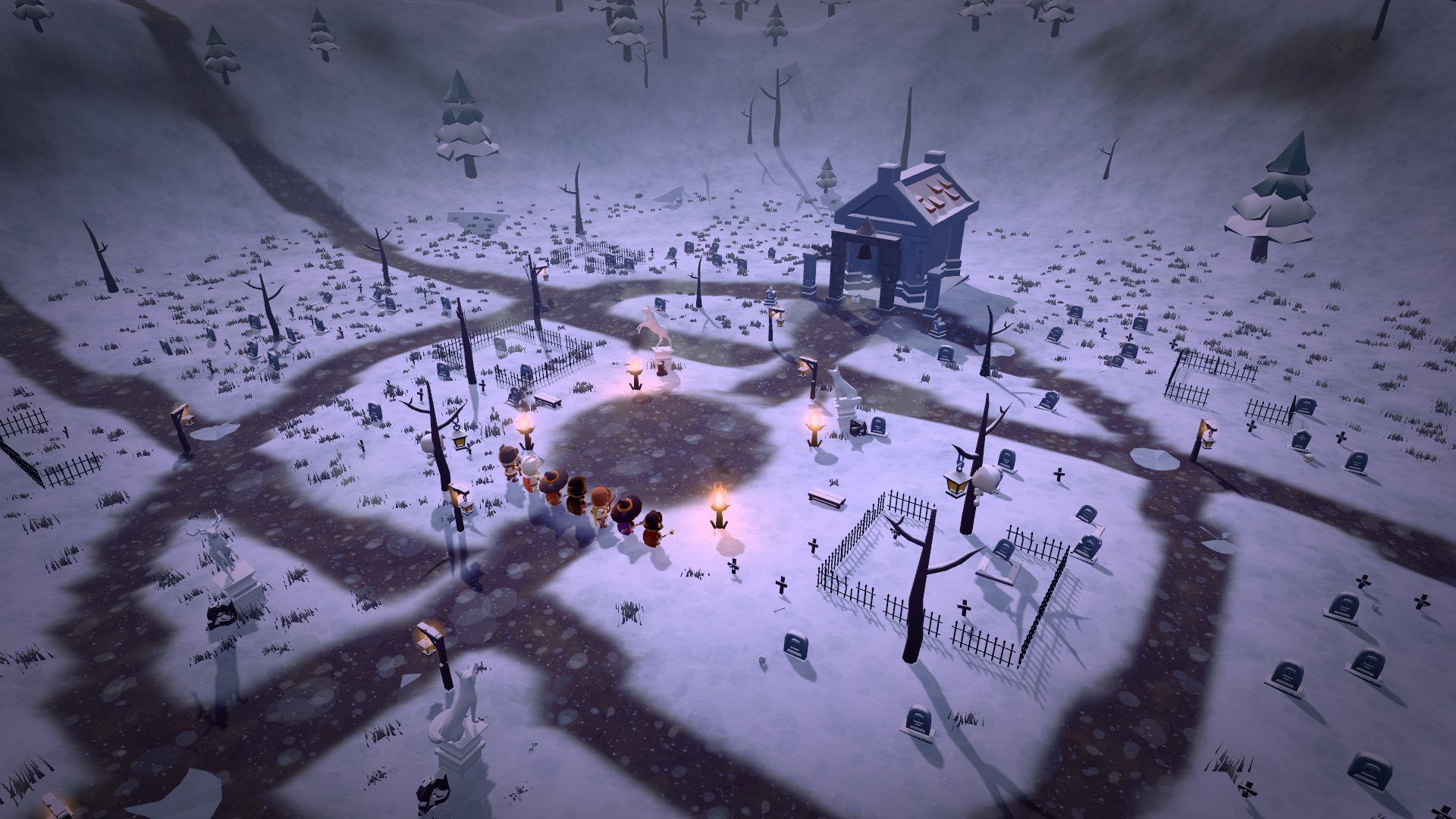 Givrecombe vu du ciel : le cimetière gelé, ses allées creusées dans la neige et son mausolée, les héros au centre.