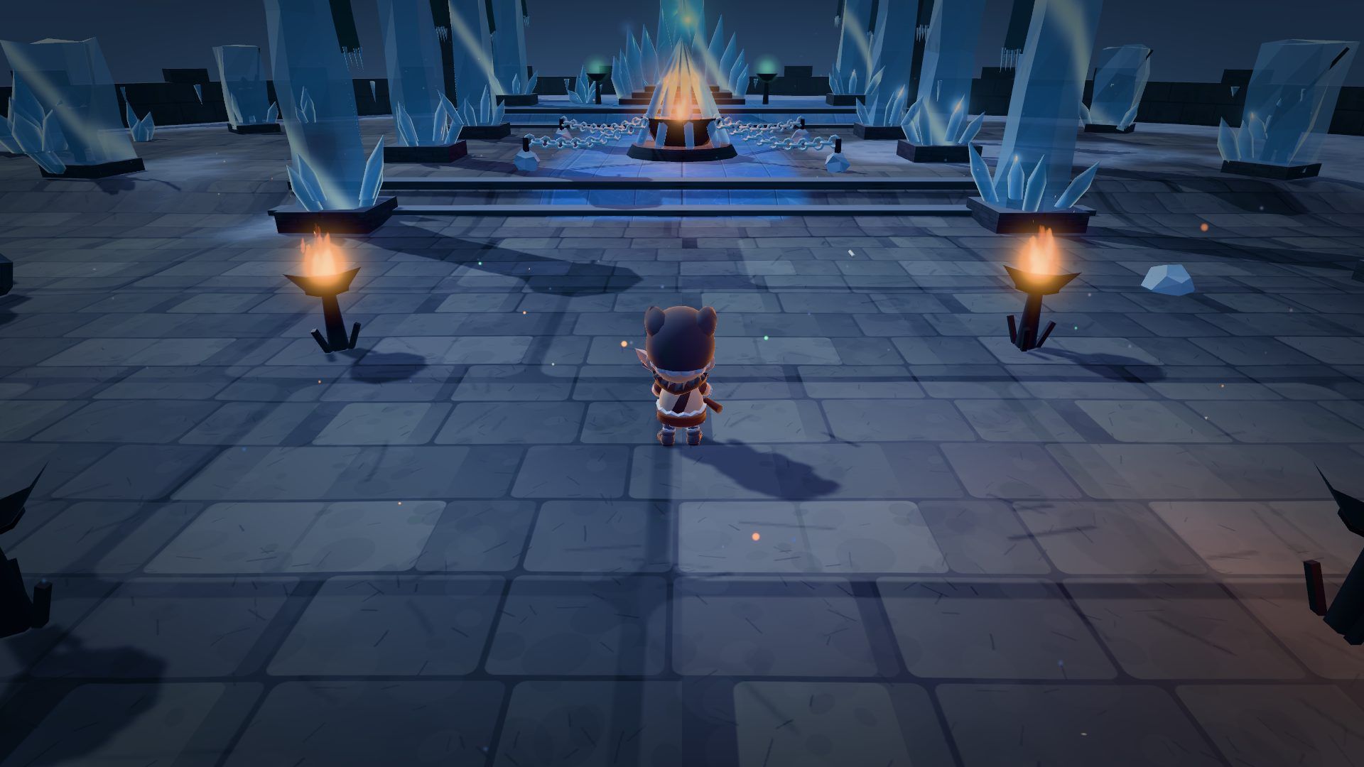 Vue de jeu dans la Citadelle : la salle du trône gelée, l'Âtre captif au loin.