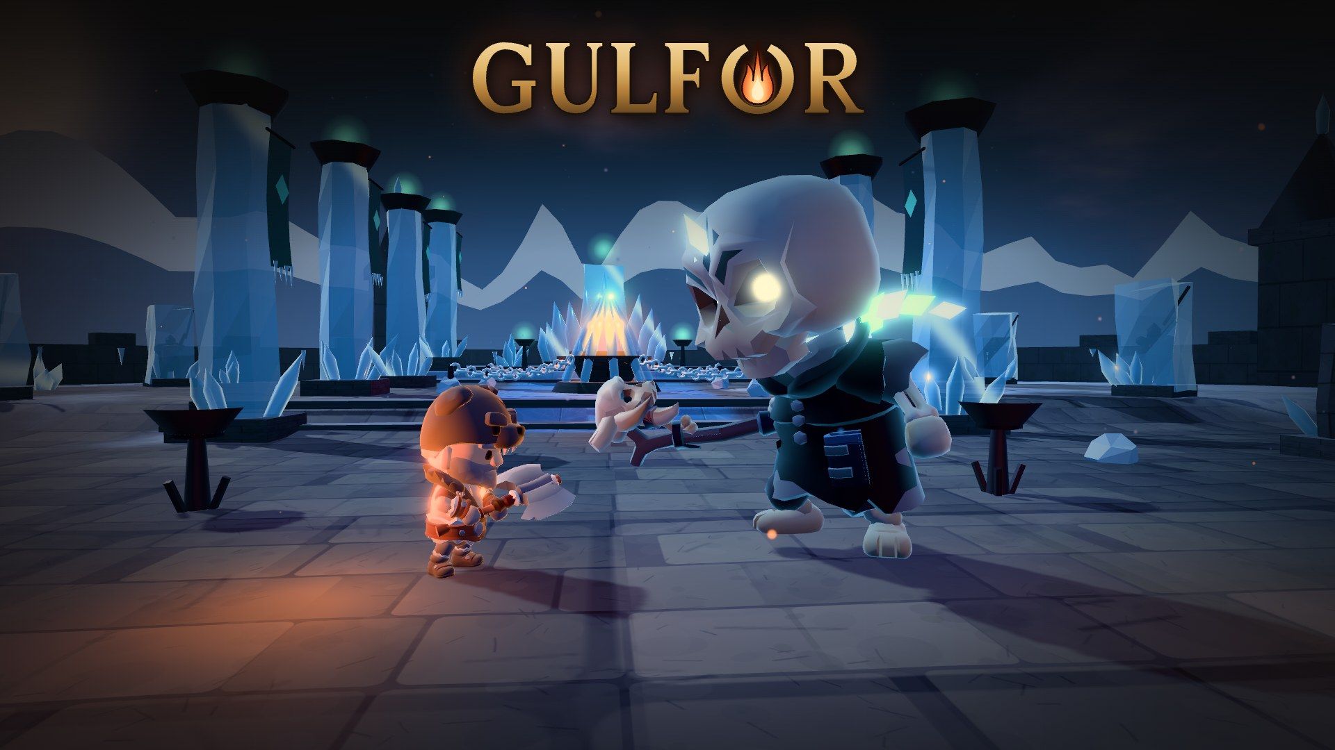 Key art de Gulfor : un Porte-Braise, hache levée dans la braise, face à Malgrim pris dans le givre, l'Âtre captif entre eux, dans la salle du trône de la Citadelle.